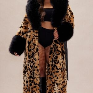 Fashion Nova Leopard Faux Fur Coat with Black Trim